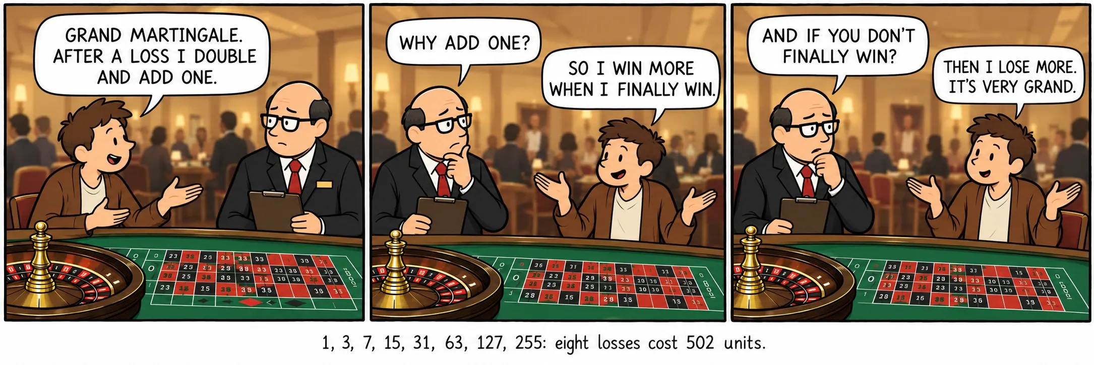 1, 3, 7, 15, 31, 63, 127, 255 : huit pertes coûtent 502 unités.